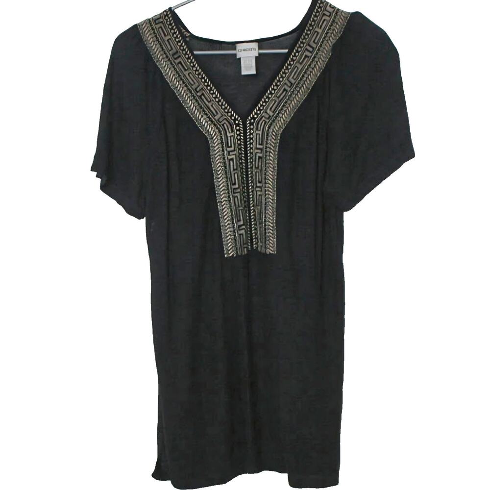 Chico's Size 1 Medium Black Embroidered VNeck Short Sleeve Linen Blend Tunic Top